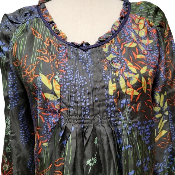 Johnny Was Floral Blouse Womens Sz S Green Multi Silk Pintuck Bohemian Boho Top‎ - Picture 2 of 9